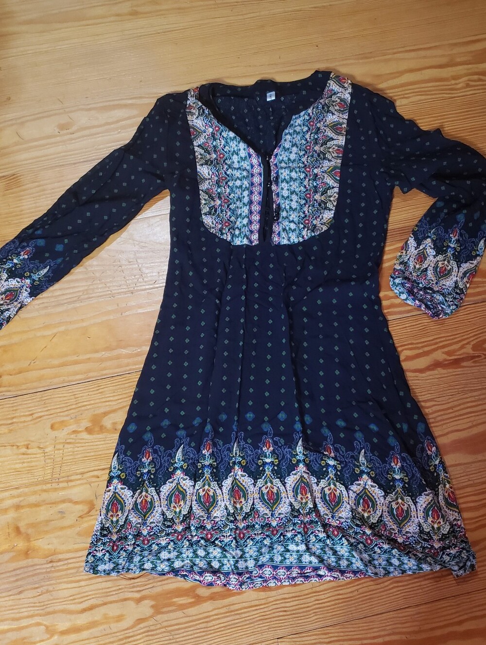 Boho Navy Printed Long-Sleeve Dress Womens Size Small